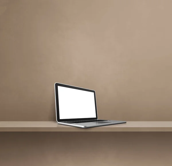 棕色架子上的笔记本电脑 正方形背景 3D说明 — 图库照片
