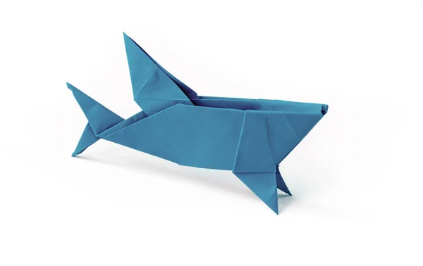 Blue Paper Shark Origami Isolated Blank White Background — Stock Photo, Image