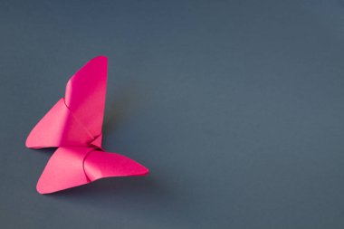 Pembe kağıt kelebeği origamisi boş gri bir arkaplanda izole edilmiş..