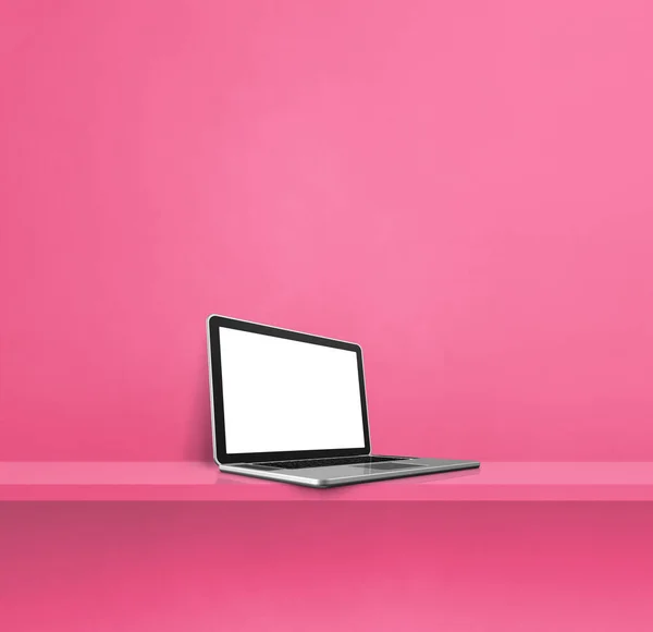 Laptop computer on pink shelf. Square background. 3D Illustration