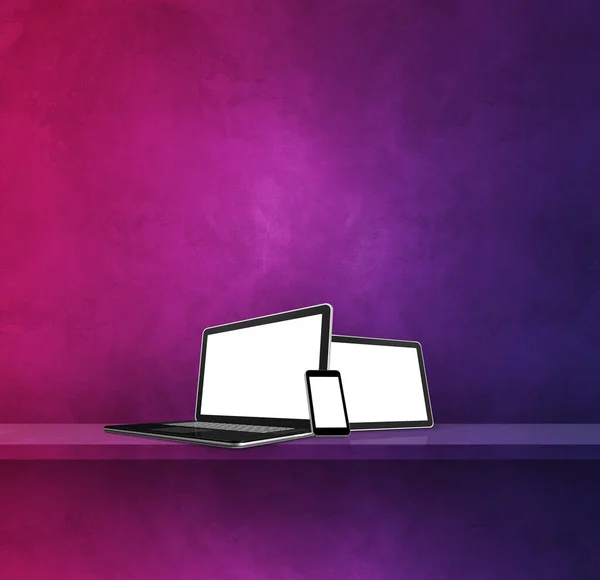 Laptop Handy Und Digitaler Tablet Lila Wandregal Quadratischer Hintergrund Illustration — Stockfoto