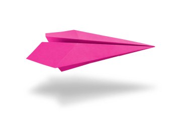 Pink paper plane origami isolated on a blank white background