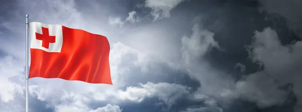 Tonga Flag Cloudy Sky Three Dimensional Render — Zdjęcie stockowe