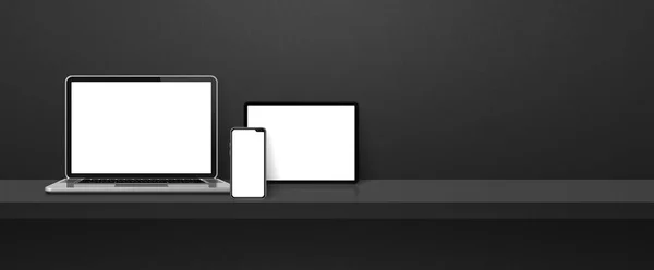 Laptop Mobile Phone Digital Tablet Black Wall Shelf Banner Background — Stockfoto