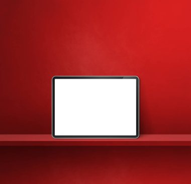 Digital tablet pc on red wall shelf. Square background banner. 3D Illustration