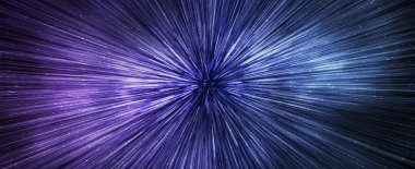 Hyperspace speed effect in night starry sky. Bright blue galaxy, horizontal banner. 3d illustration