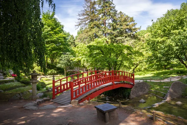 Traditional Red Wooden Bridge Japanese Garden Pond Zen Background — Zdjęcie stockowe