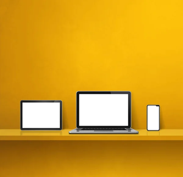 Laptop Telefon Komórkowy Tablet Cyfrowy Żółtej Półce Ściennej Kwadratowe Ilustracja — Zdjęcie stockowe