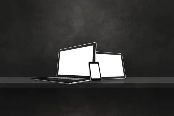 Laptop Handy Und Digitaler Tablet Schwarzen Wandregal Horizontaler Hintergrund Illustration — Stockfoto