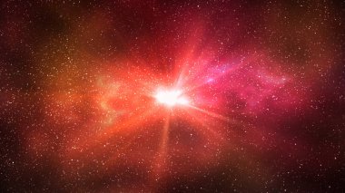 Burst of light in space. Night starry sky and bright red galaxy, horizontal background. 3d illustration of milky way and universe