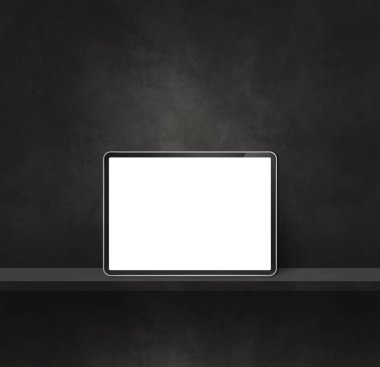 Digital tablet pc on black wall shelf. Square background banner. 3D Illustration