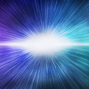 Big bang effect on bright blue galaxy sky, square background. 3d illustration