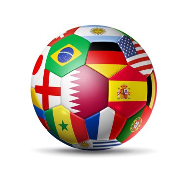 Football soccer ball with team national flags. Qatar 2022. 3D illustration isolated on white background
