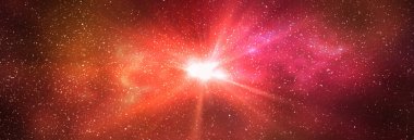 Burst of light in space. Night starry sky and bright red galaxy, horizontal background banner. 3d illustration of milky way and universe