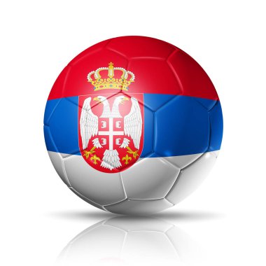 Sırbistan takımının bayraklı 3D futbol topu. Beyaz üzerine izole edilmiş. Futbol 2022. Görüntü