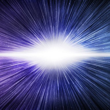Big bang effect on bright blue galaxy sky, square background. 3d illustration