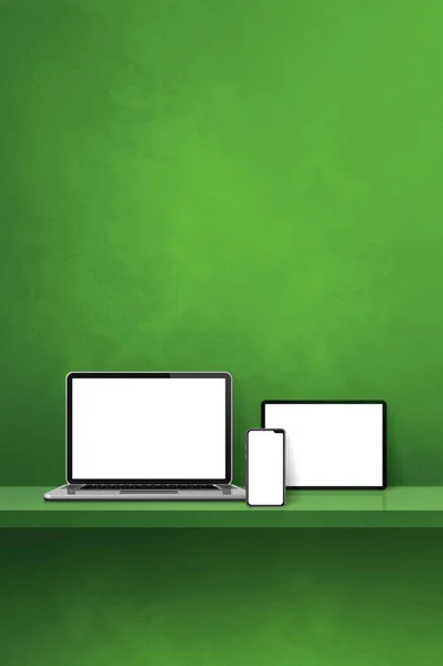 Ноутбук Мобільний Телефон Цифровий Планшетний Полиці Зелених Стін Вертикальний Фон — стокове фото