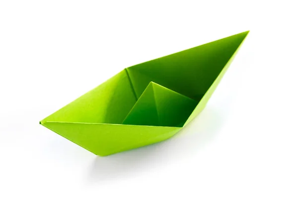 Grönbok Båt Origami Isolerad Tom Vit Bakgrund — Stockfoto
