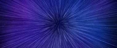 Hyperspace speed effect in night starry sky. Bright blue galaxy, horizontal banner. 3d illustration