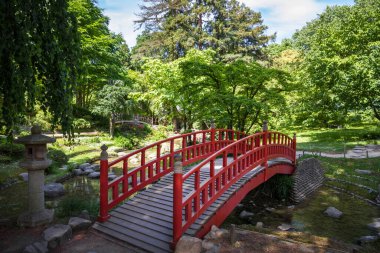 Traditional red wooden bridge on a japanese garden pond. Zen background