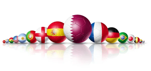 Focilabdák Nemzeti Zászlókkal Katar 2022 Illusztráció Elszigetelt Fehér Háttér — Stock Fotó