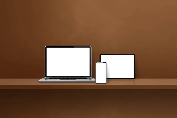 笔记本电脑 手机和数字平板电脑放在棕色的壁架上 横向背景 3D说明 — 图库照片