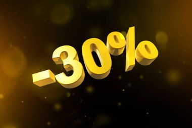 % 30 indirimli. Teklif satışı. Siyah üzerine izole edilmiş üç boyutlu çizim. Promosyon fiyatı. Altın sayı ve fişekler