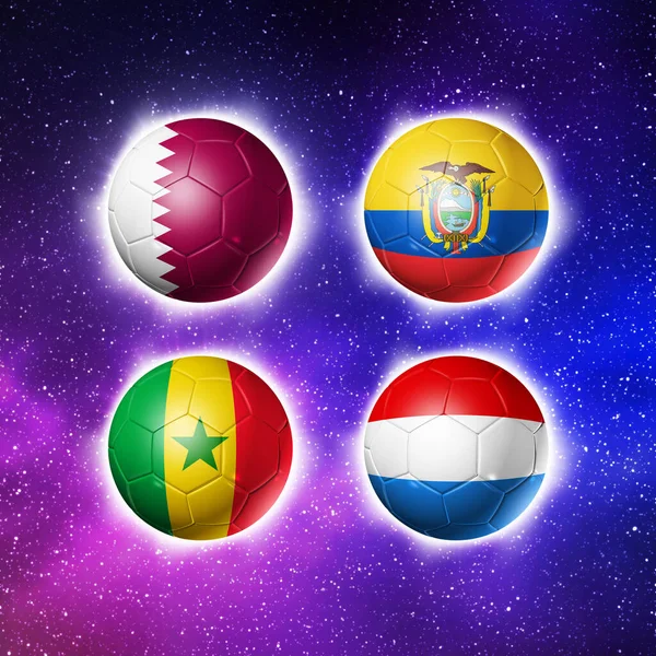 Soccer Balls Group Teams Flags Football Competition Qatar 2022 Illustration — Stock Photo, Image