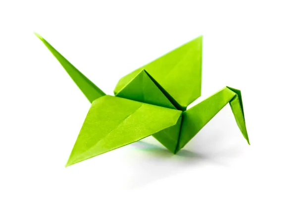 Зеленый Бумажный Кран Оригами Изолирован Белом Фоне — стоковое фото