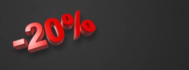 % 20 indirimli. Teklif satışı. Siyah üzerine izole edilmiş üç boyutlu çizim. Yatay Pankart