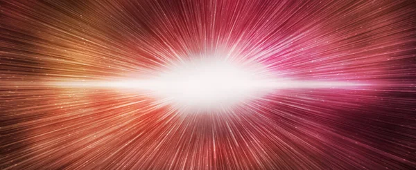 Big bang effect on bright red galaxy sky, horizontal banner. 3d illustration