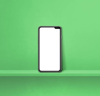 Mobile phone on green wall shelf. Square background. 3D Illustration