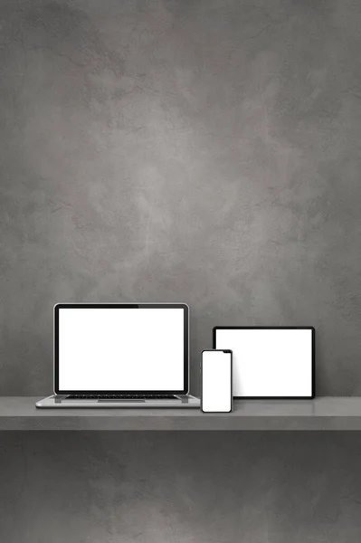 笔记本电脑 手机和数码平板电脑放在灰色的壁架上 垂直背景 3D说明 — 图库照片
