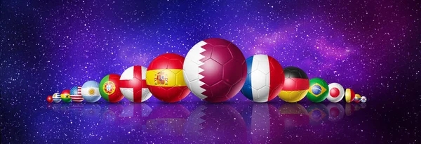 Football Soccer Balls Team National Flags Space Sky Qatar 2022 — Stock Photo, Image