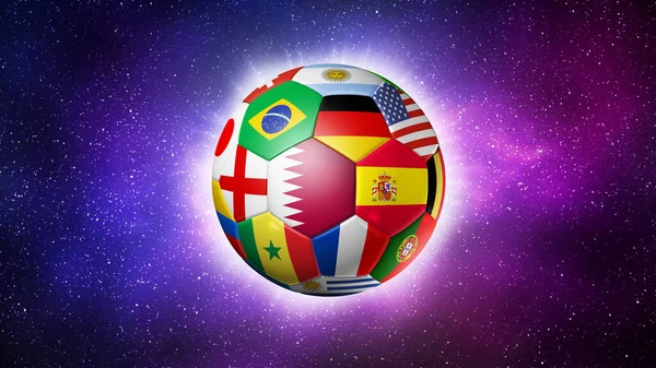 Balón Fútbol Con Banderas Nacionales Equipo Cielo Espacial Qatar 2022 — Foto de Stock