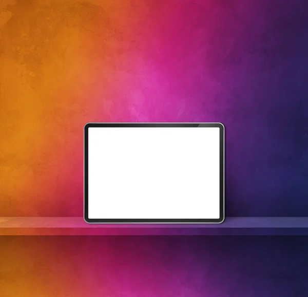 虹の壁の棚の上にデジタルタブレットPc 四角形の背景バナー 3Dイラスト — ストック写真