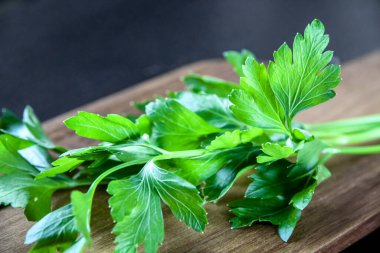 Bunch of fresh parsley stem on a wooden cutting board