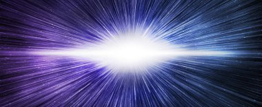 Parlak mavi gökada gökyüzünde büyük patlama etkisi, yatay afiş. 3d illüstrasyon