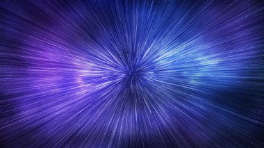 Hyperspace speed effect in night starry sky. Bright blue galaxy, horizontal background. 3d illustration