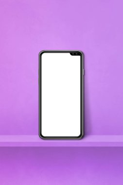 Mor duvar rafında cep telefonu. Dikey arkaplan. 3B Görüntü