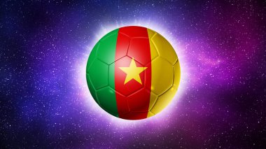 Kamerun takımının bayraklı 3D futbol topu, futbol 2022. Uzay arkaplanı. Görüntü