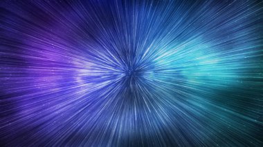 Hyperspace speed effect in night starry sky. Bright blue galaxy, horizontal background. 3d illustration
