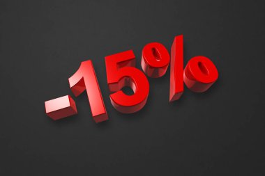 % 15 indirimli. Teklif satışı. Siyah üzerine izole edilmiş üç boyutlu çizim. Promosyon fiyatı