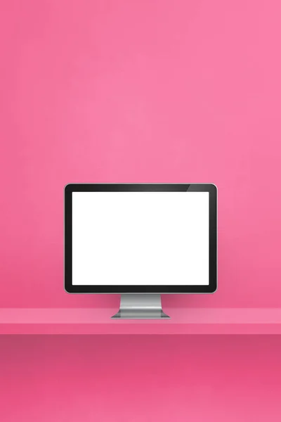 Computer pc - pink wall shelf. Vertical background. 3D Illustration