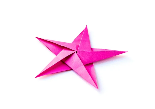 Roze Papieren Ster Origami Geïsoleerd Een Witte Achtergrond — Stockfoto
