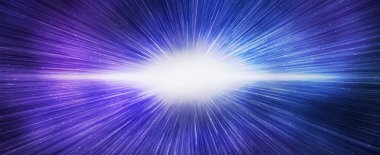 Parlak mavi gökada gökyüzünde büyük patlama etkisi, yatay afiş. 3d illüstrasyon