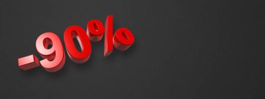 % 90 indirimli. Teklif satışı. Siyah üzerine izole edilmiş üç boyutlu çizim. Yatay Pankart