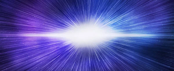 Parlak mavi gökada gökyüzünde büyük patlama etkisi, yatay afiş. 3d illüstrasyon