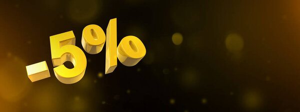 5% скидка. Продажа предложения. 3D иллюстрация изолирована на черном. Горизонтальное знамя. Золотые цифры и вспышки