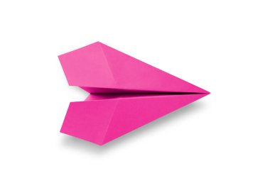 Pink paper plane origami isolated on a blank white background